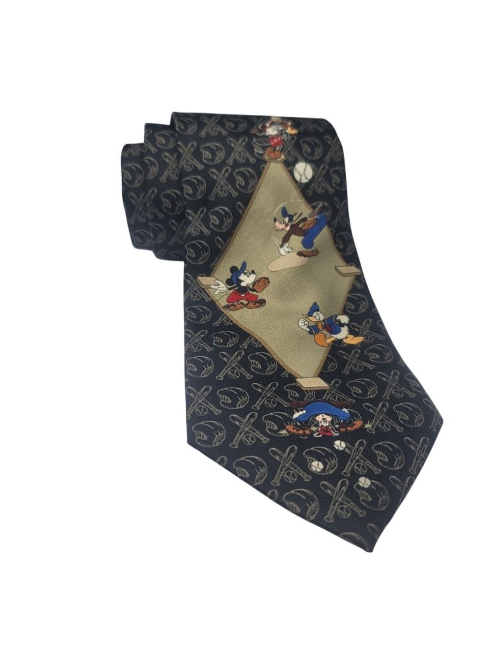 Disney Mickey Baseball Theme Tie Mickey Donald & Goofy Navy Beige 100% Polyester